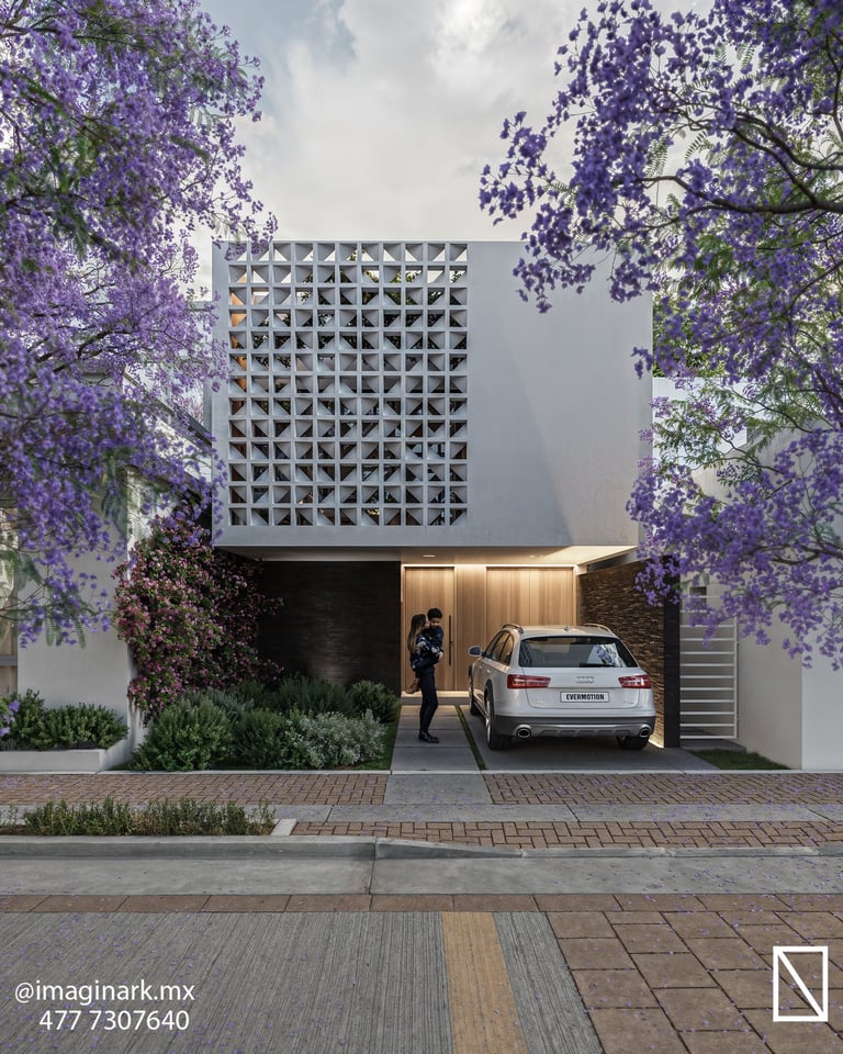 Casa blanca moderna con fachada de celosía geométrica y enredaderas florales