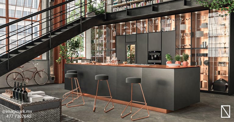 Cocina industrial moderna con barra oscura y almacenamiento de bicicleta