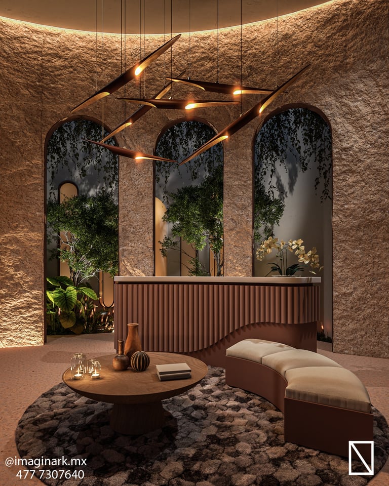 Interior de lujo moderno con espejos arqueados e iluminación cálida