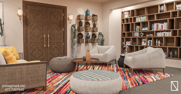 Sala de estar moderna con sillones crema y puertas de madera ornamentadas