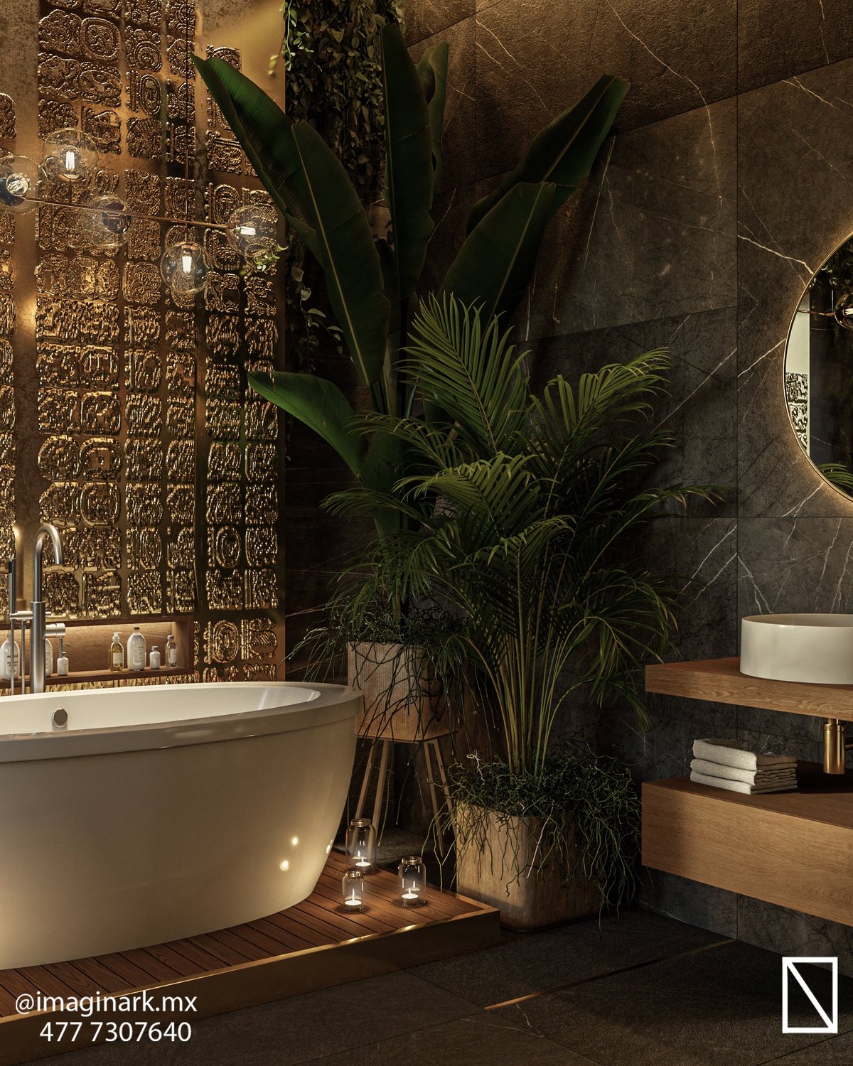 Luxurious bathroom with white curved bathtub, green potted plants, dark tile walls, and warm ambient lighting