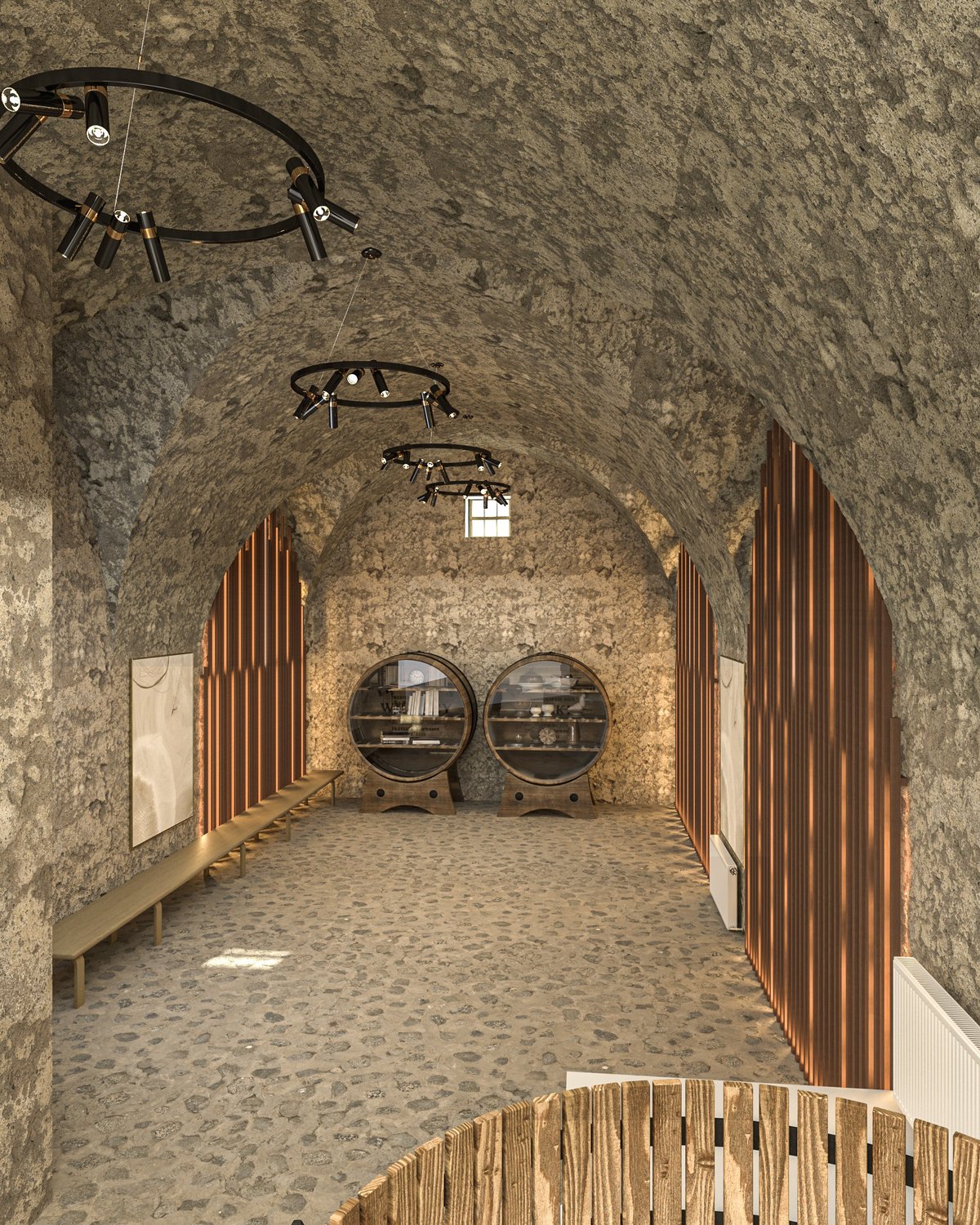Modern wine cellar with arched stone ceiling, wooden doors, barrel storage, and metal light fixtures