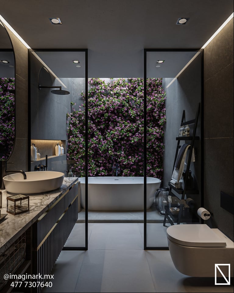 Baño de lujo moderno con lavabos dobles y tina con acento floral