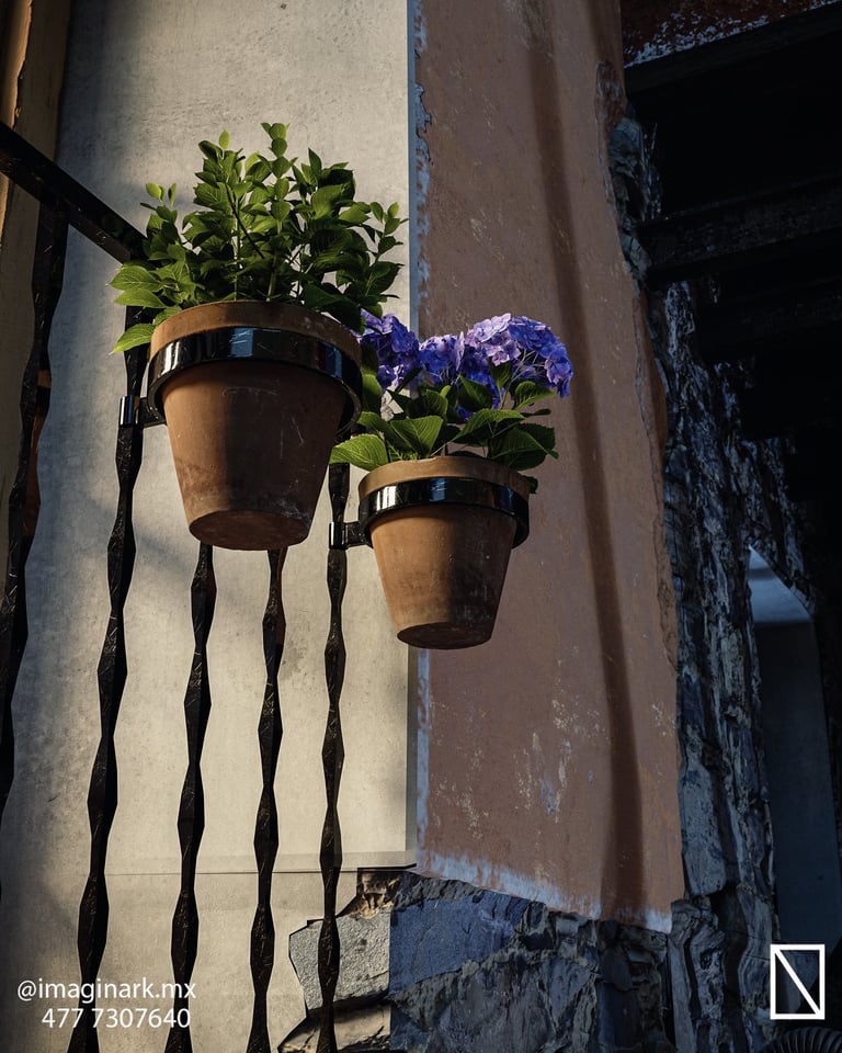 Dos macetas de terracota con follaje verde y flores púrpuras colgando de ménsula de hierro