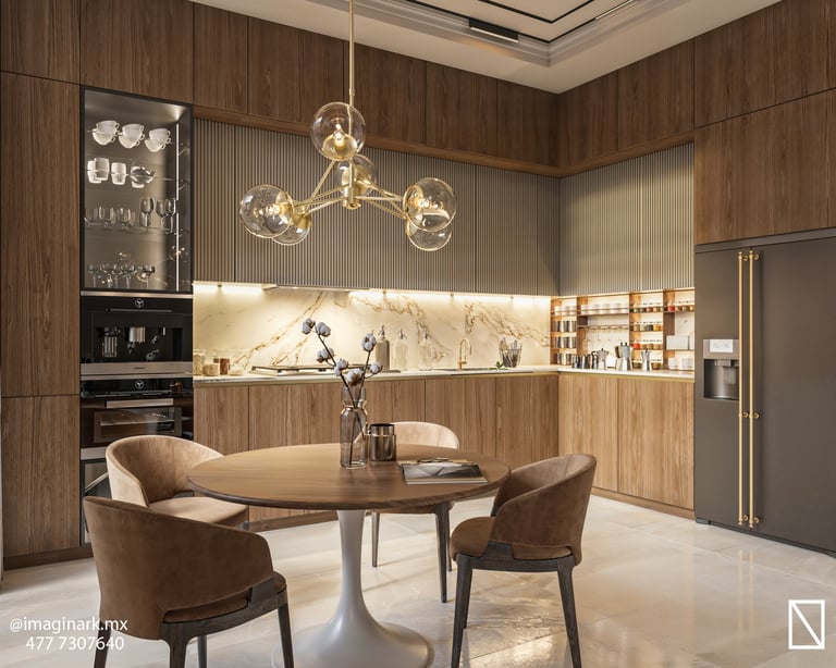 Cocina y comedor moderno con luces colgantes de latón y mesa redonda