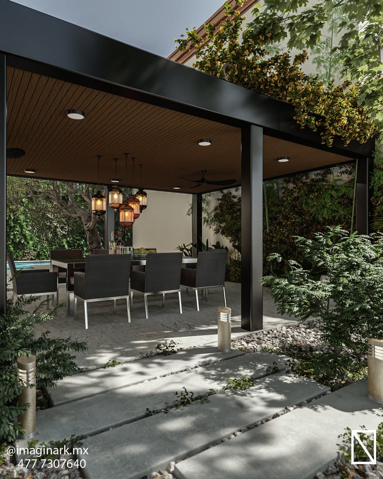 Patio exterior moderno con pérgola negra, mesa de comedor y luces colgantes