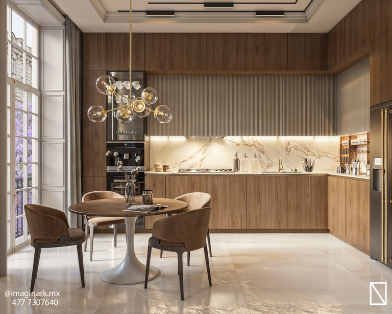 Cocina moderna con muebles de madera y comedor con sillas de cuero marrón