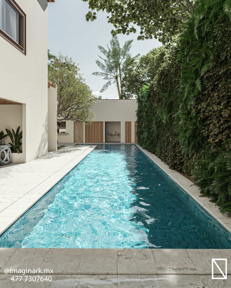 Patio moderno con piscina rectangular estrecha y paredes blancas con hiedra