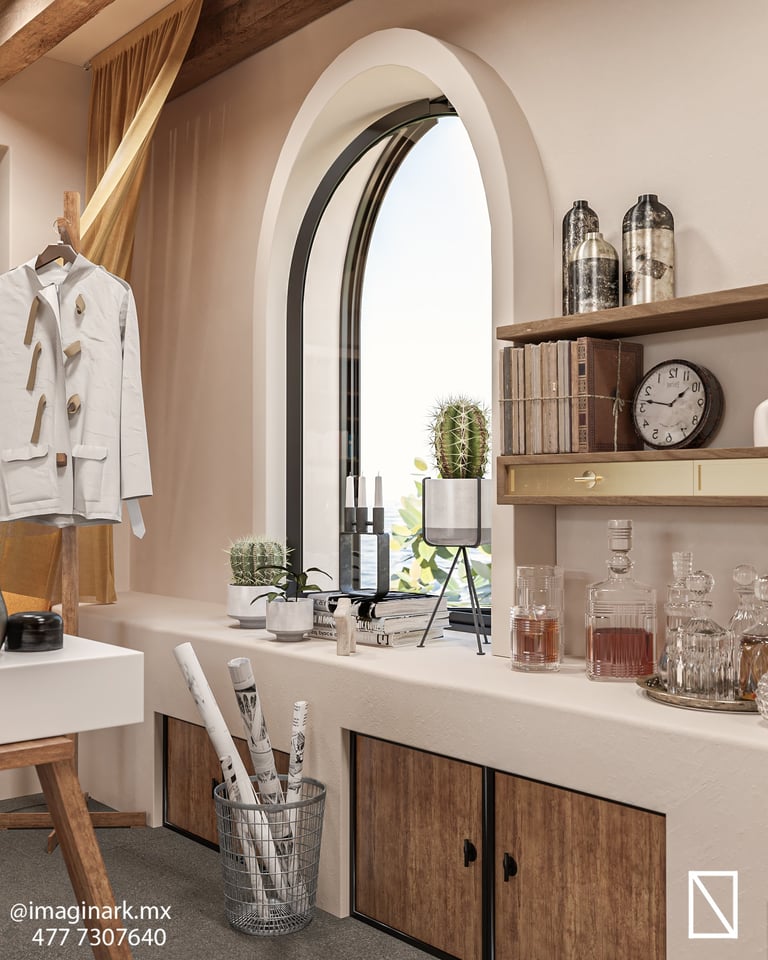 Baño moderno con tocador de madera y gran ventana arqueada