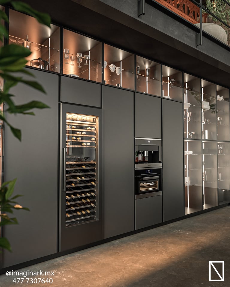 Cocina moderna gris oscuro con vinoteca empotrada y vitrinas iluminadas