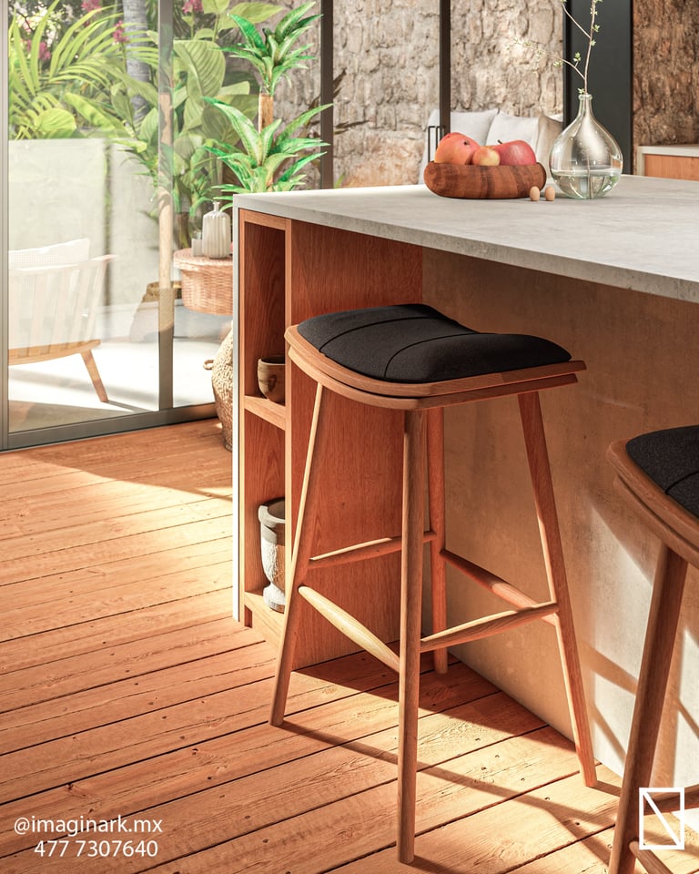 Cocina moderna con taburetes de madera bajo countertop blanco