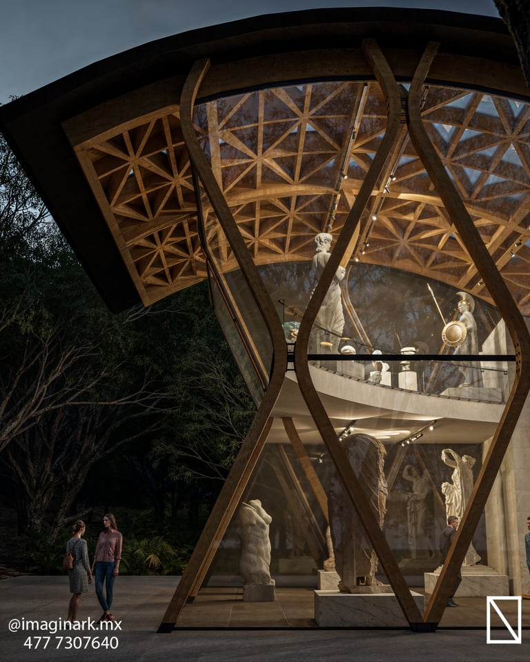 Pabellón arquitectónico moderno con celosía de madera y marco metálico curvo