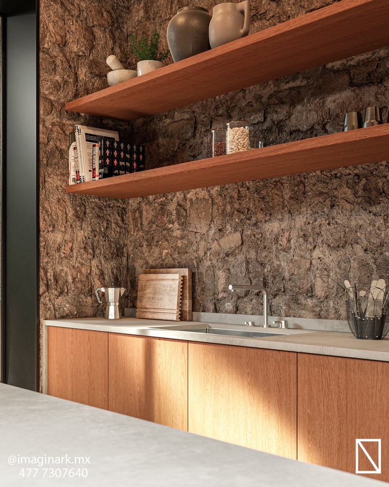 Cocina moderna con estantes flotantes de madera y pared de textura piedra