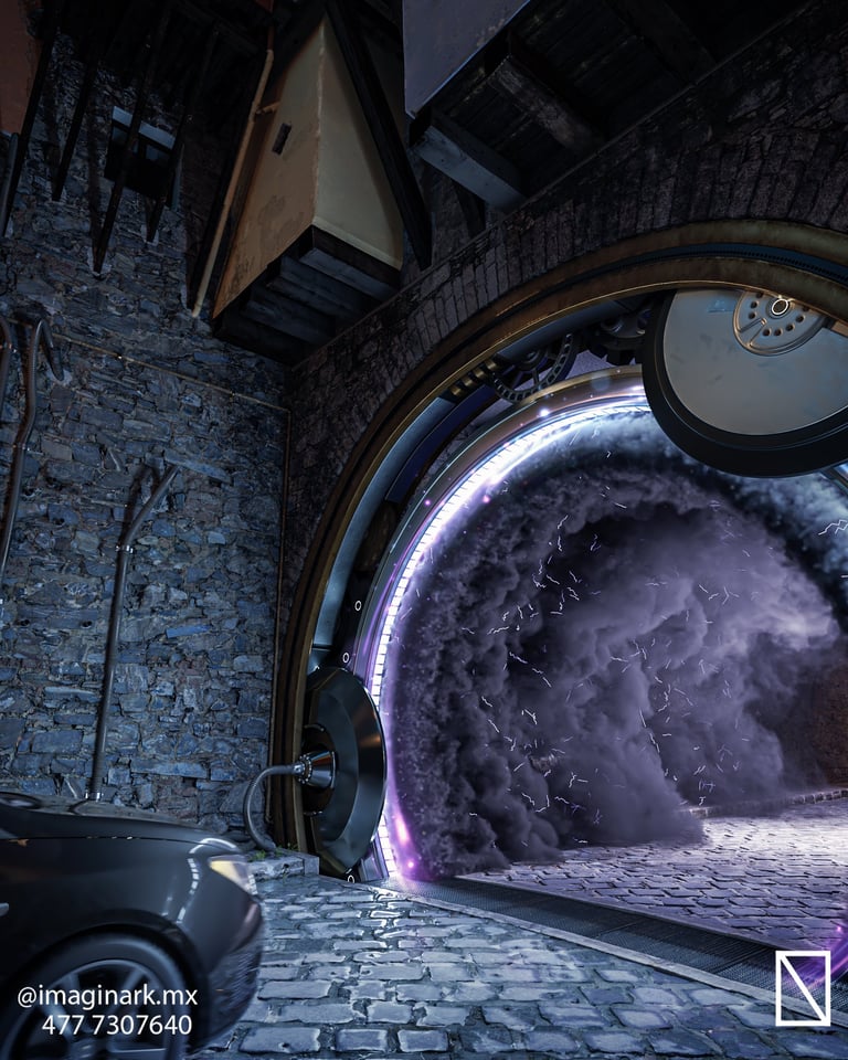 Portal de piedra con energía púrpura en espiral — arte digital fantástico