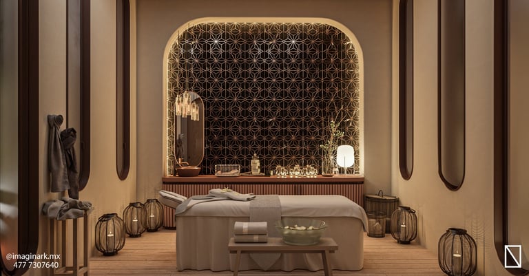 Baño spa de lujo moderno con espejo arqueado e iluminación dorada