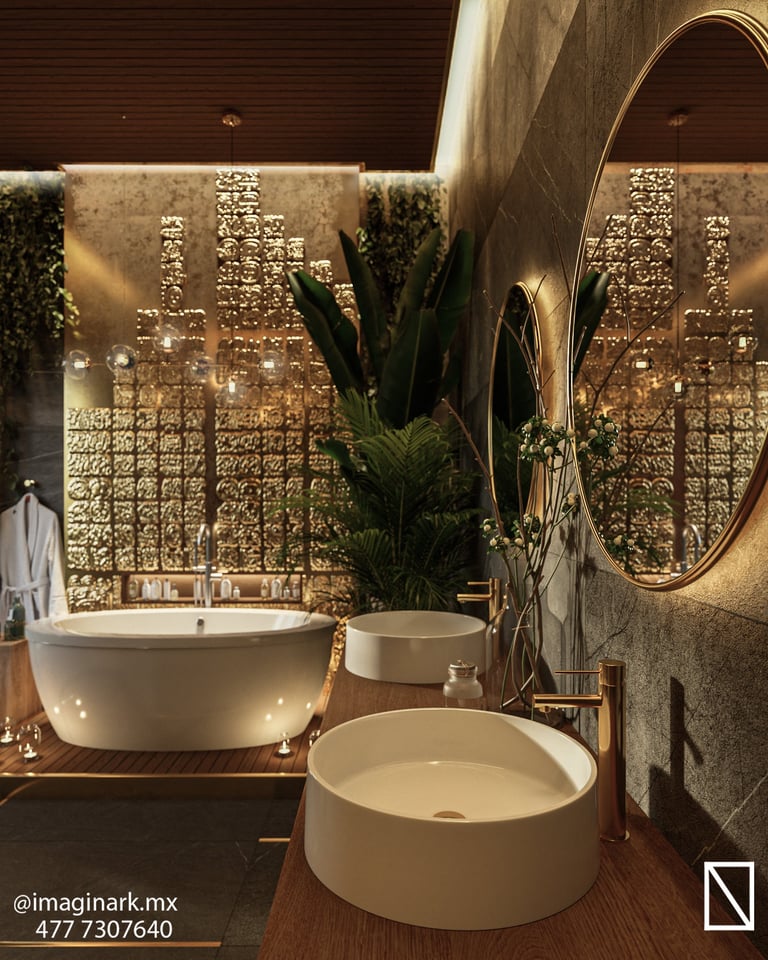 Baño de lujo moderno con lavabos blancos redondos y paneles decorativos iluminados