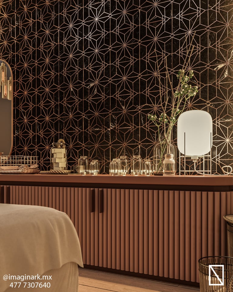 Baño moderno con papel tapiz geométrico, espejo redondo y velas decorativas