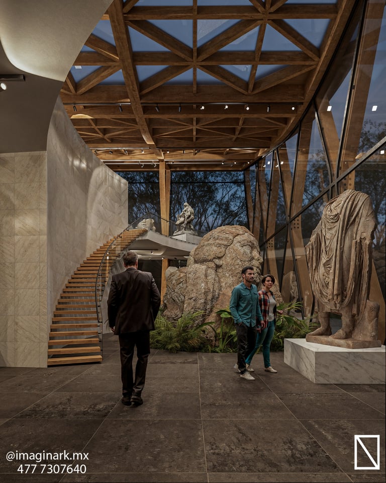 Pasillo de museo moderno con celosía de madera y esculturas de piedra