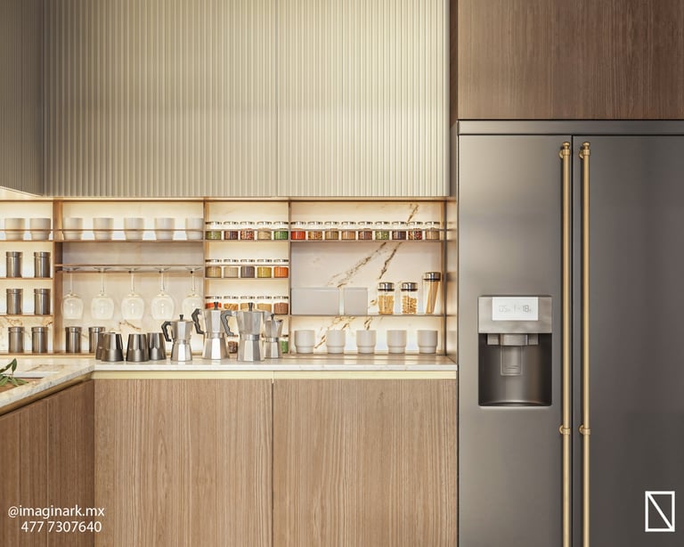 Cocina moderna con estantería abierta y refrigerador de acero inoxidable