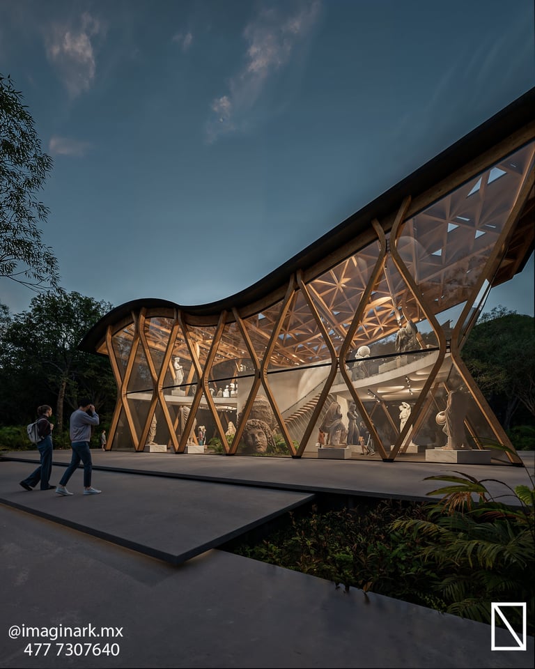 Estructura curva de madera con celosía y paneles de vidrio al atardecer