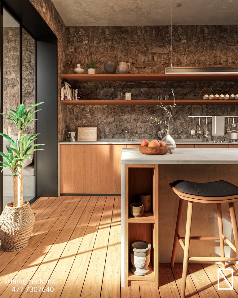 Cocina moderna con countertops de madera y estantes flotantes
