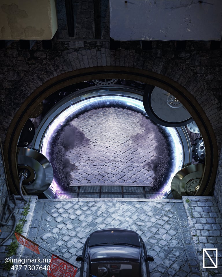 Vista aérea de patio empedrado con arco de piedra y auto estacionado