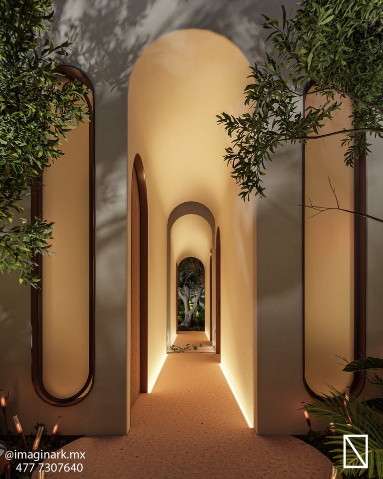 Pasillo de arcos modernos con paredes curvas e iluminación integrada