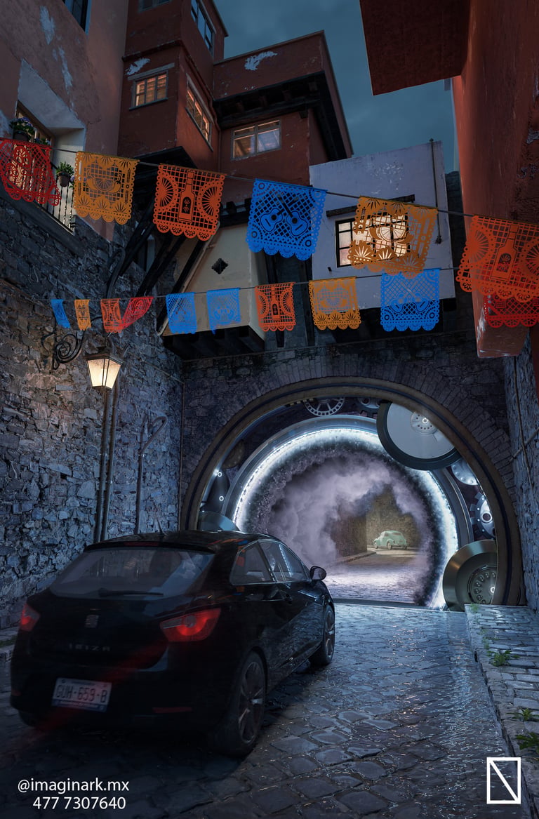 Callejón empedrado al atardecer con papel picado y túnel iluminado