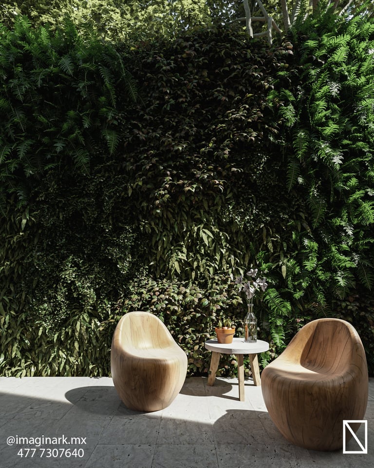 Dos sillas colgantes de madera en forma de huevo frente a muro verde