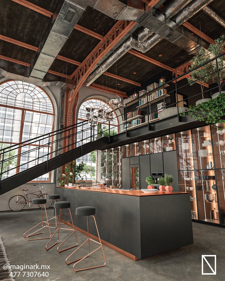 Interior de loft industrial con isla de metal negro y taburetes color cobre