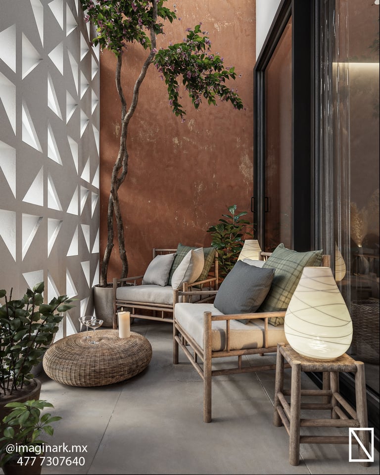 Patio moderno con sillones de madera y biombo geométrico blanco
