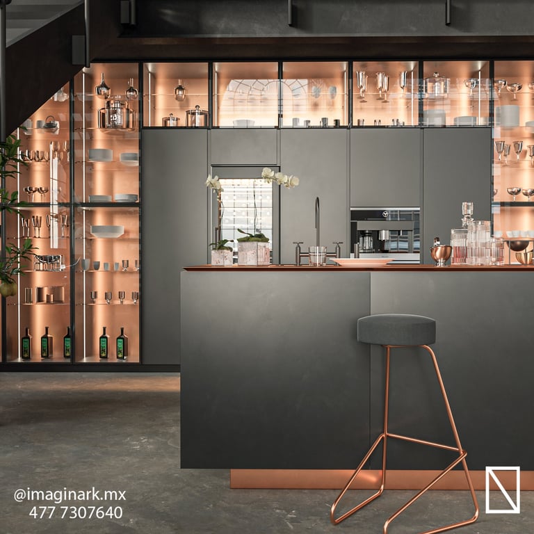Cocina gris moderna con taburete de marco cobre y estantería iluminada