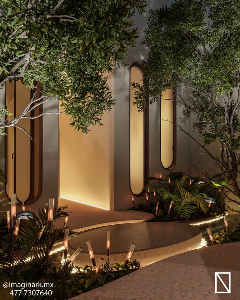 Patio moderno de noche con iluminación cálida en paneles curvos
