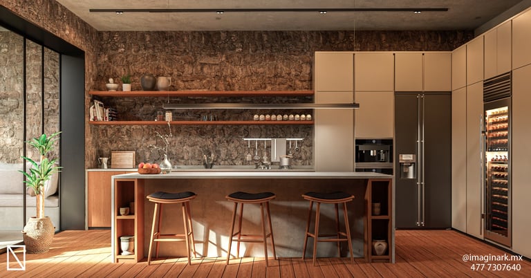Cocina moderna con pared de ladrillo expuesto e isla de madera