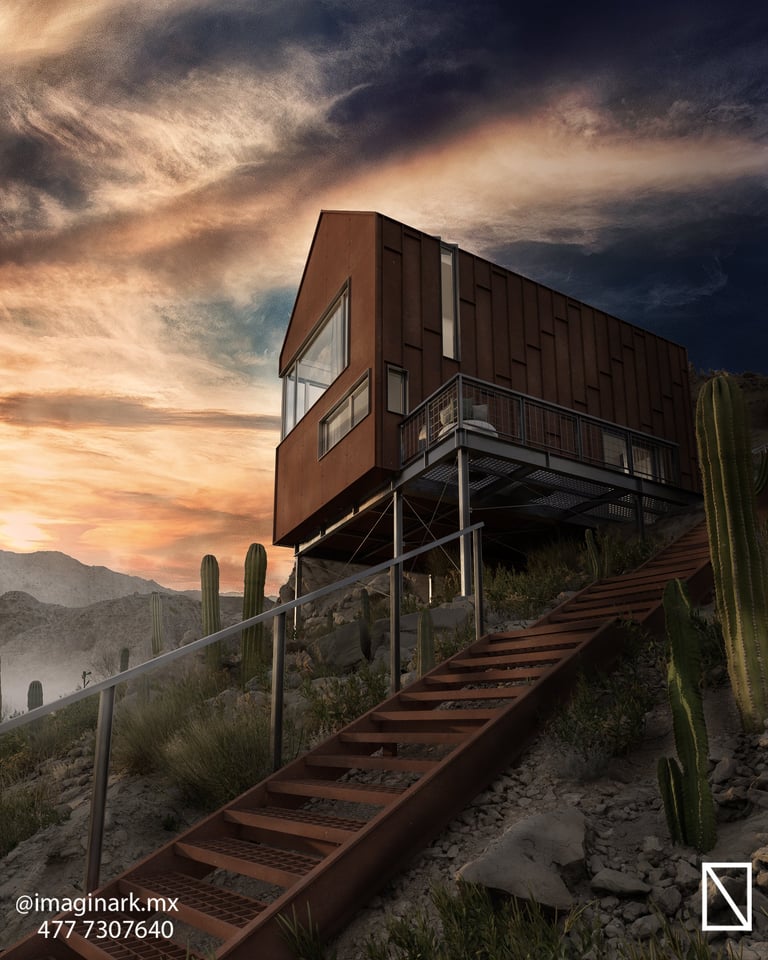 Cabaña moderna elevada con escaleras metálicas en paisaje desértico al atardecer