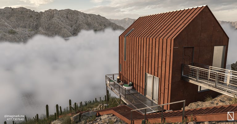 Cabaña moderna de metal corrugado en ladera de montaña con vista al valle