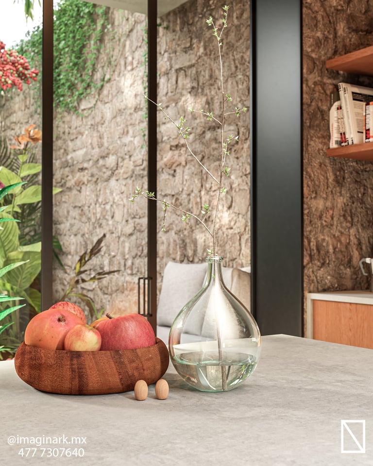 Bodegón minimalista con frutero de madera y manzanas rojas