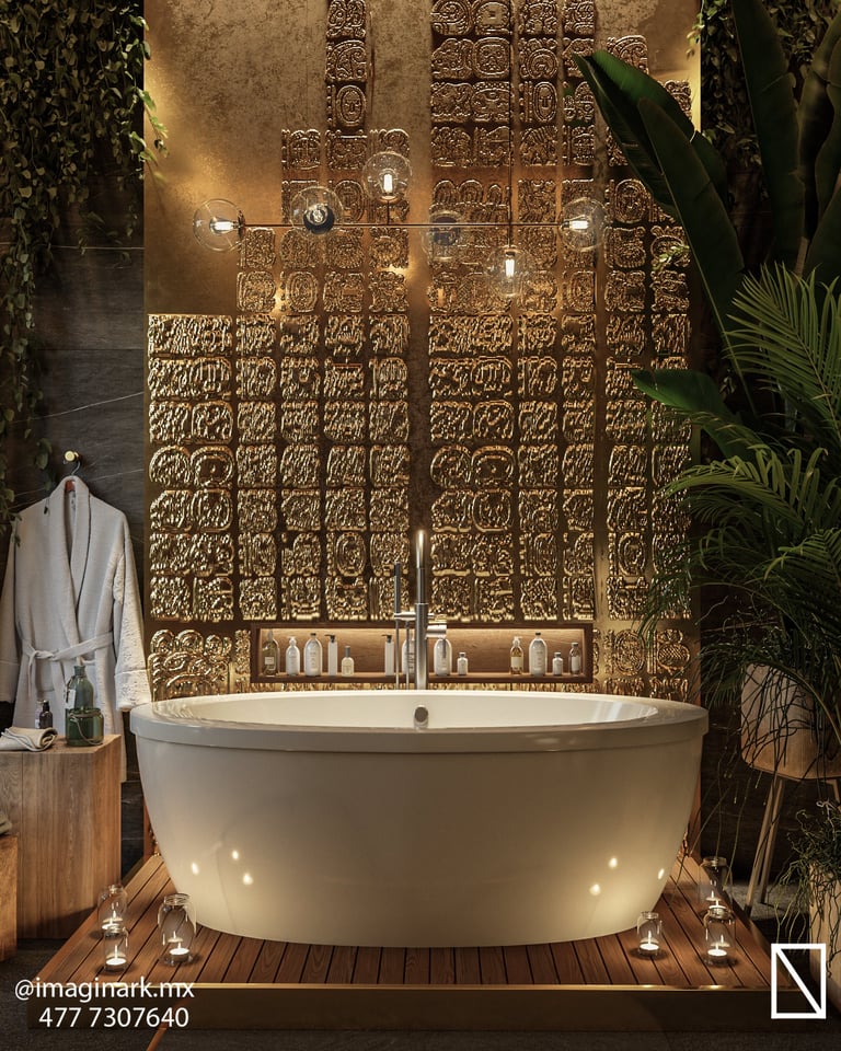 Baño spa de lujo con tina redonda blanca y paneles dorados ornamentados