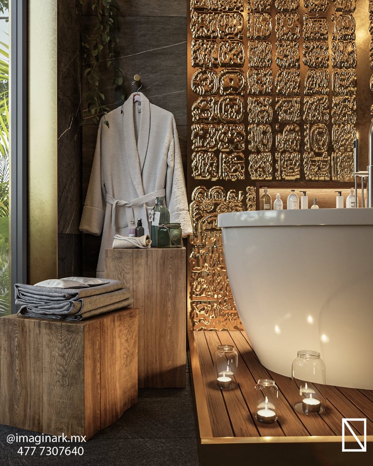 Baño spa con tina blanca, azulejos dorados decorativos y bata blanca