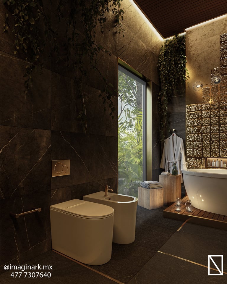Baño de lujo moderno con paredes de mármol oscuro y plantas verdes colgantes