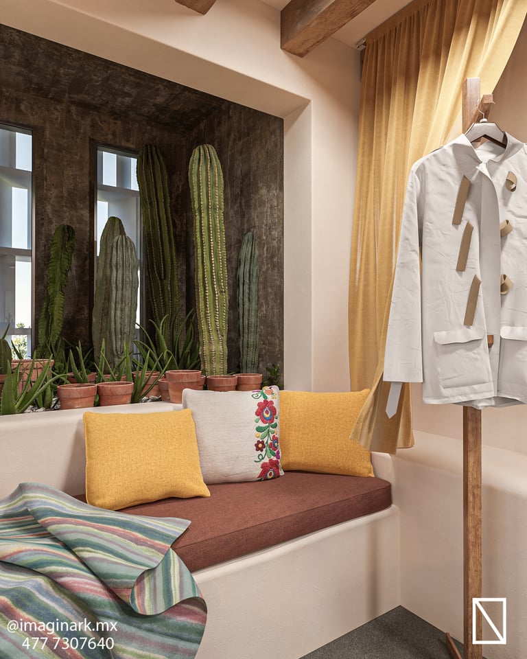 Rincón acogedor de recámara con ventana y cactus en maceta