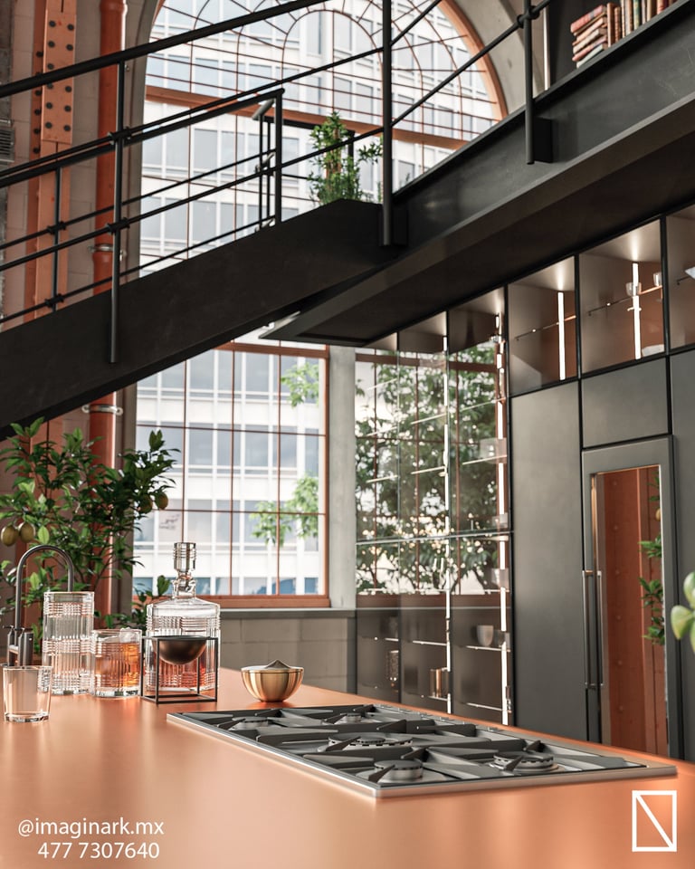 Cocina loft moderna con countertop terracota y ventanales grandes