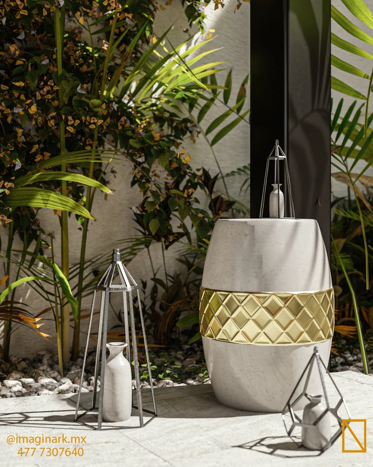 Macetas decorativas blancas y doradas con linternas geométricas entre follaje tropical