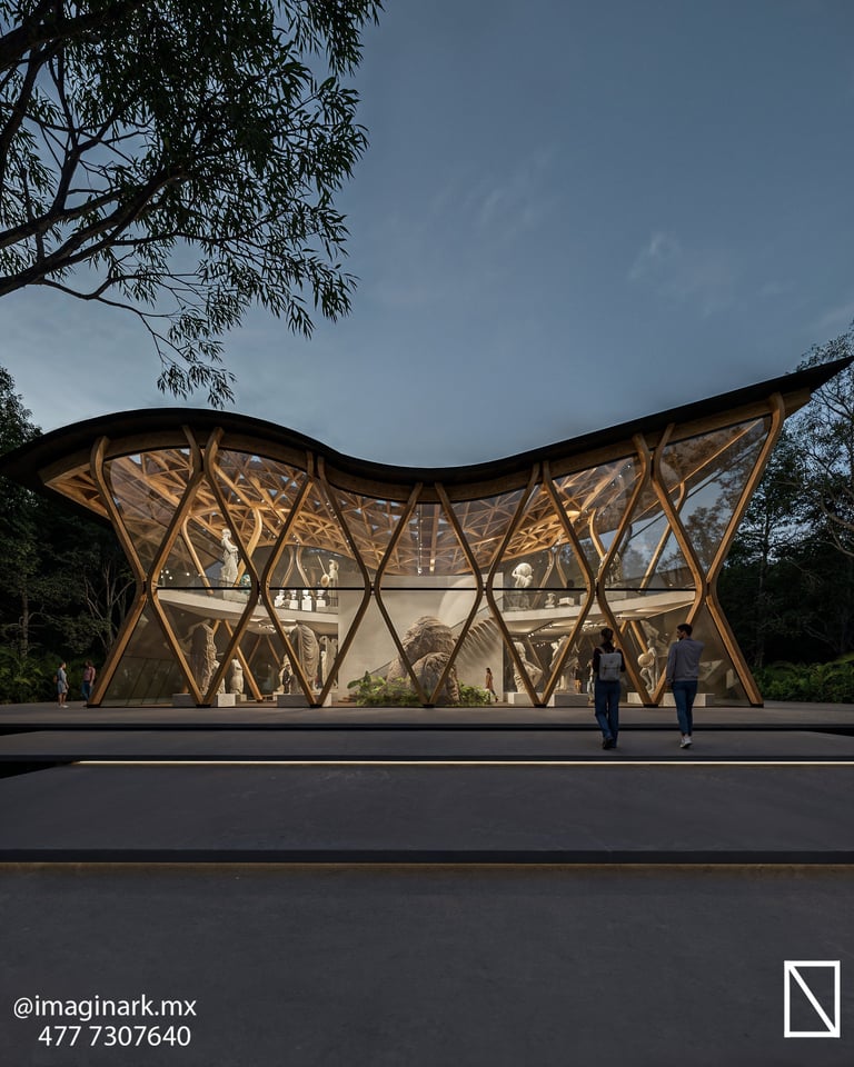 Pabellón curvo de madera con techo ondulado y celosía geométrica al atardecer
